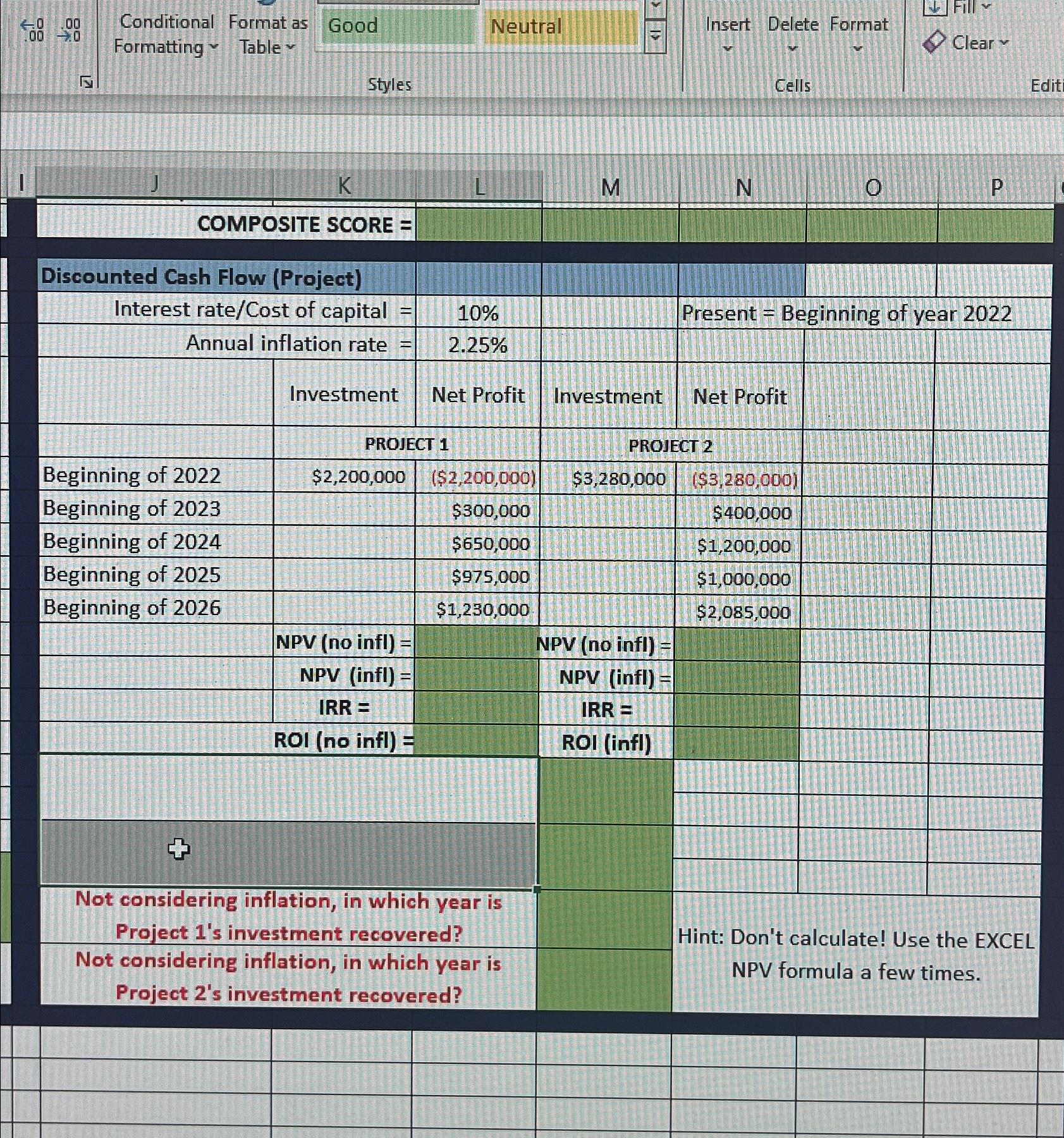  in which year is Project 1 and 2's investment recovered? 