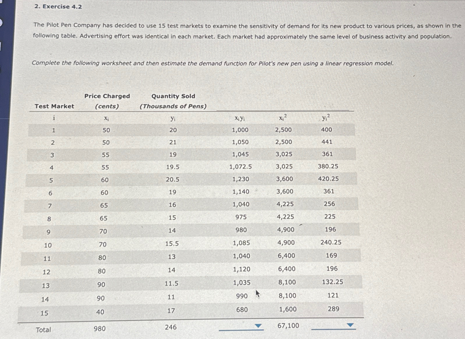  Exercise 4.2 The Pilot Pen Company has decided to use 15
