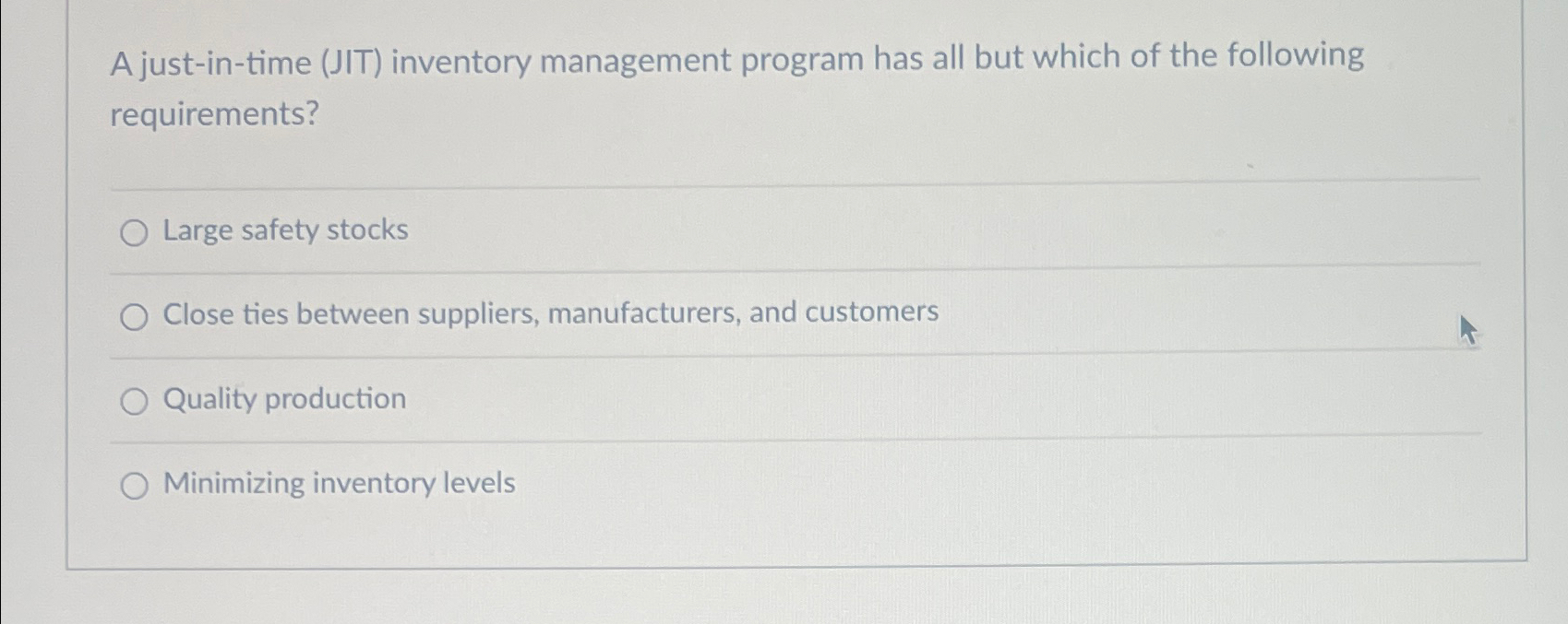  A just-in-time (JIT) inventory management program has all but which of