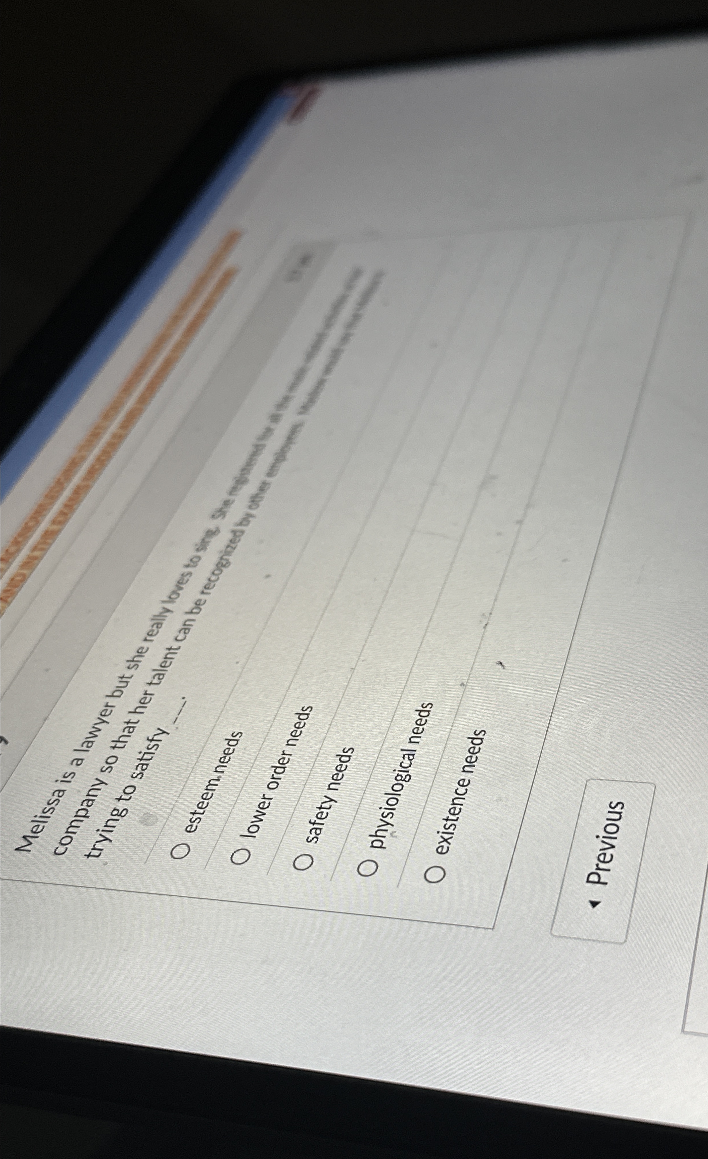  Melissa is a compa is a lant ?lowerorderneeds safety needs physiological