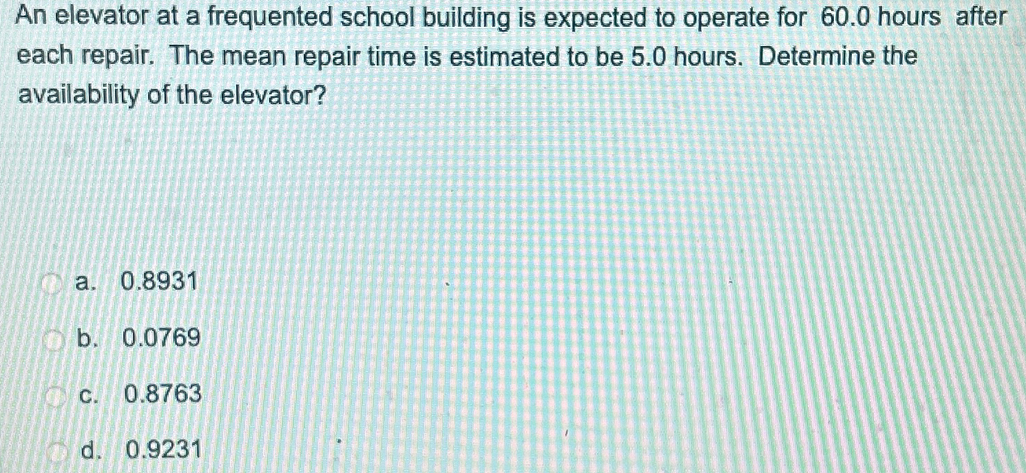  An elevator at a frequented school building is expected to operate