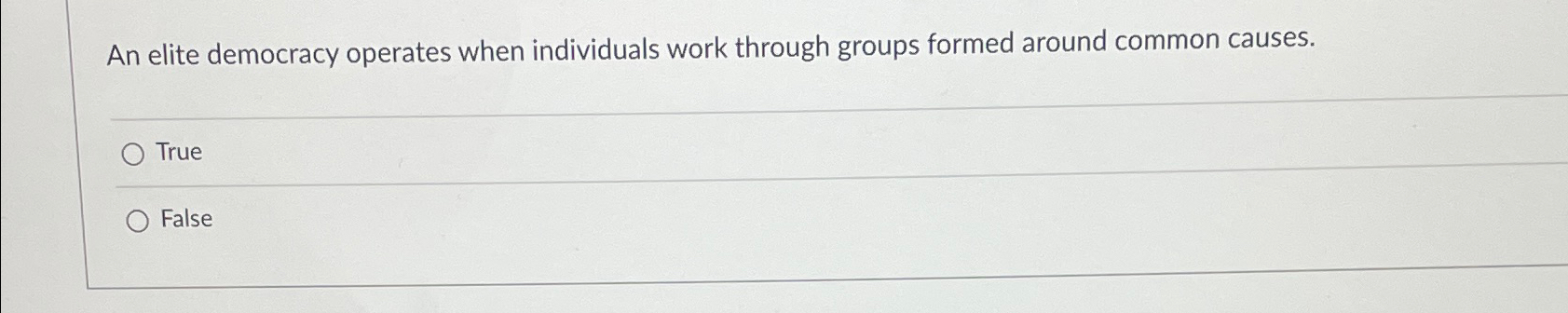  An elite democracy operates when individuals work through groups formed around