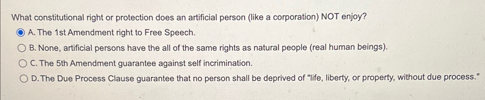  What constitutional right or protection does an artificial person (like a