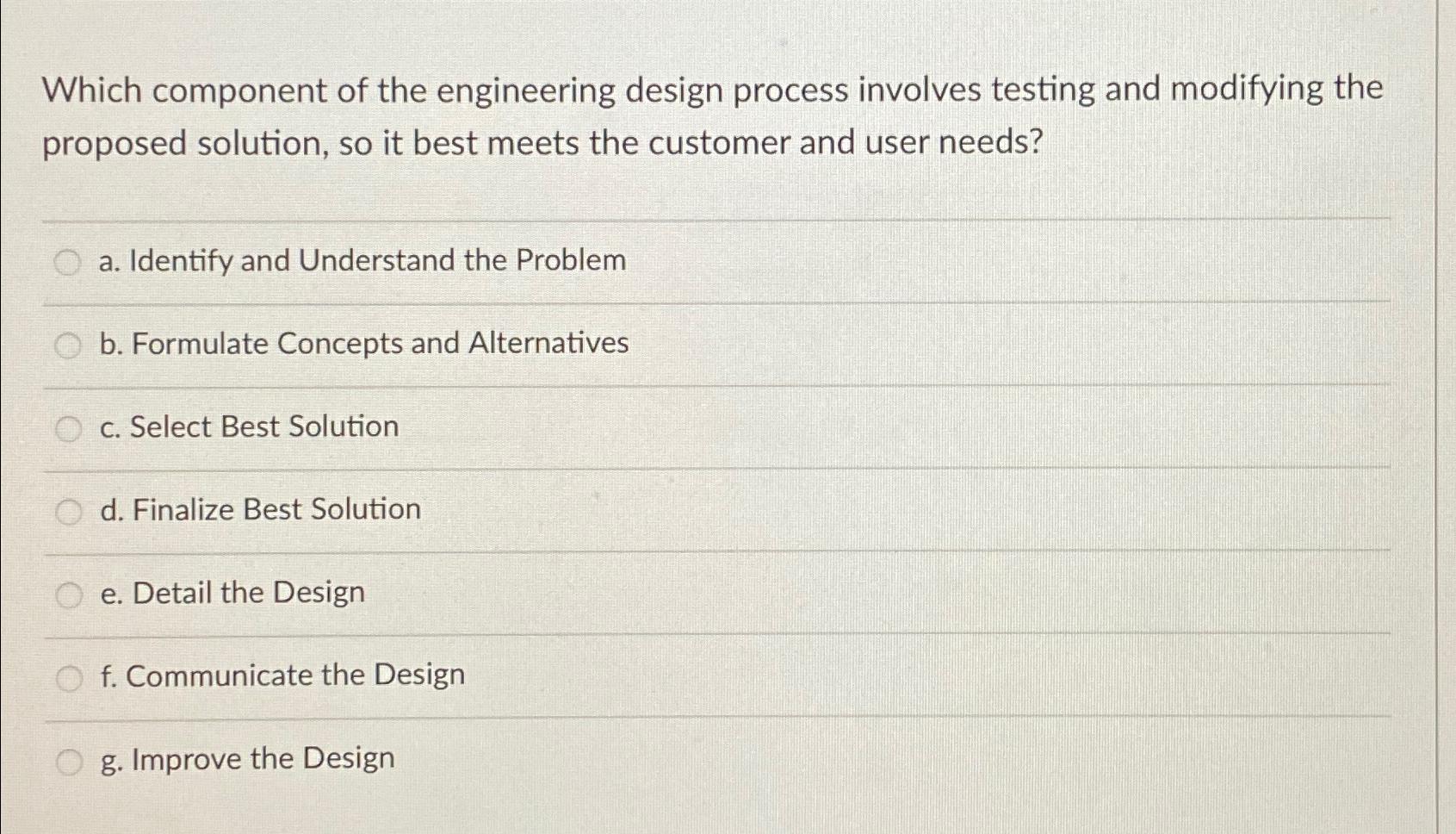  Which component of the engineering design process involves testing and modifying