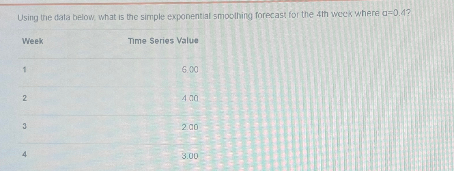  Using the data below, what is the simple exponential smoothing forecast