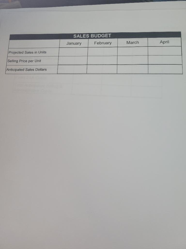Sales Projections in Units \begin{tabular}{|ll|} \hline January & 20,394 \\ \hline February