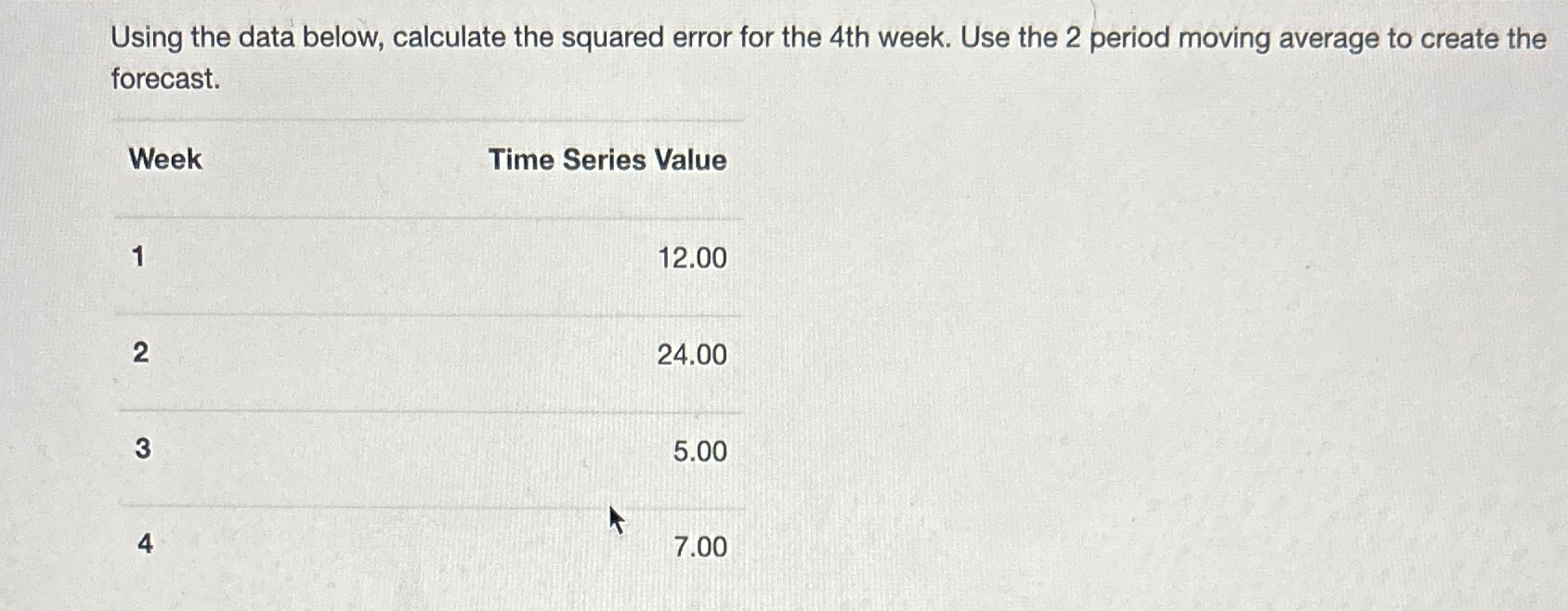  Using the data below, calculate the squared error for the 4th