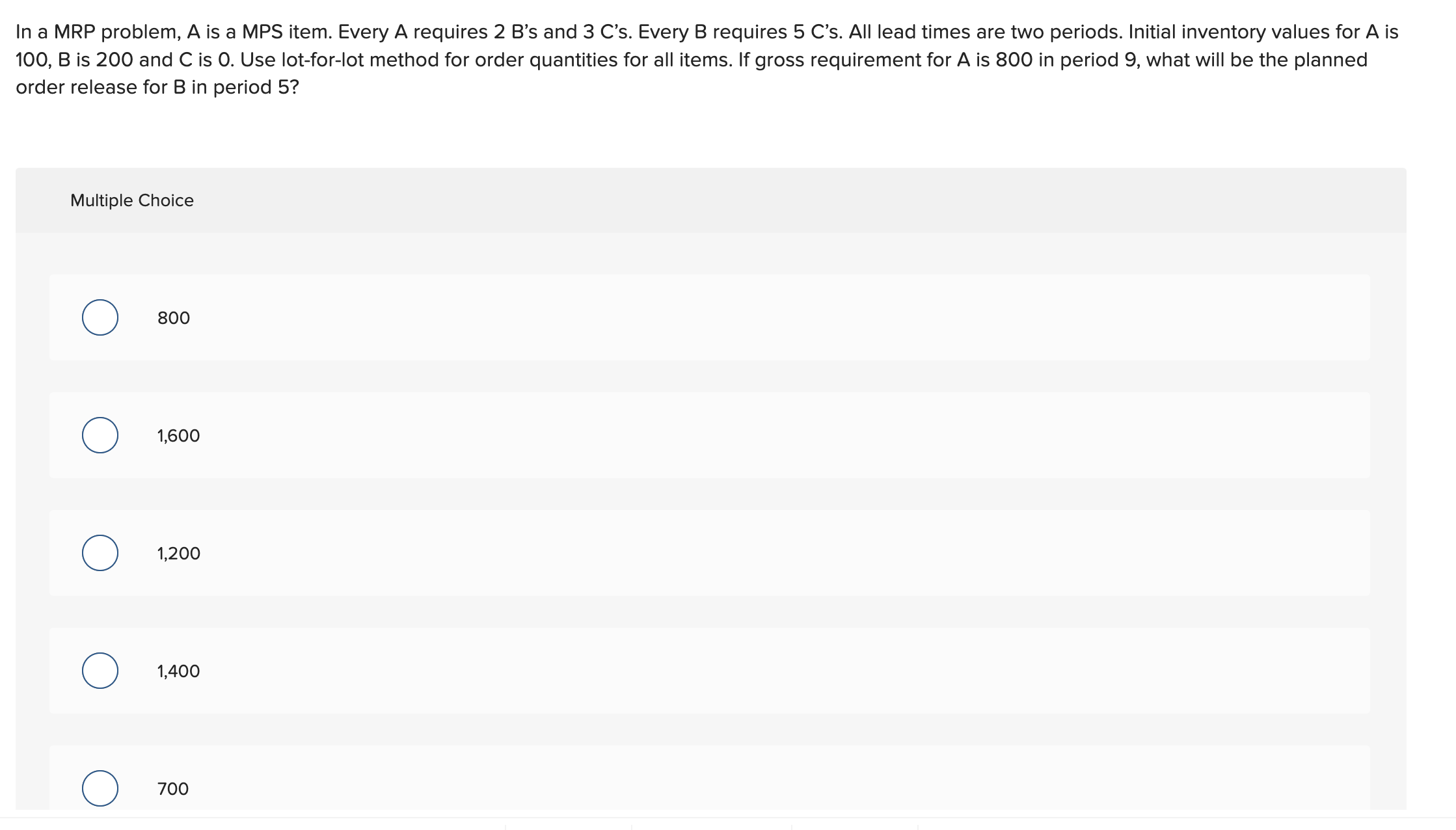  In a MRP problem, A is a MPS item. Every A