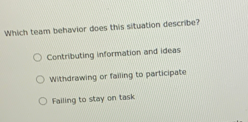  Which team behavior does this situation describe? Contributing information and ideas
