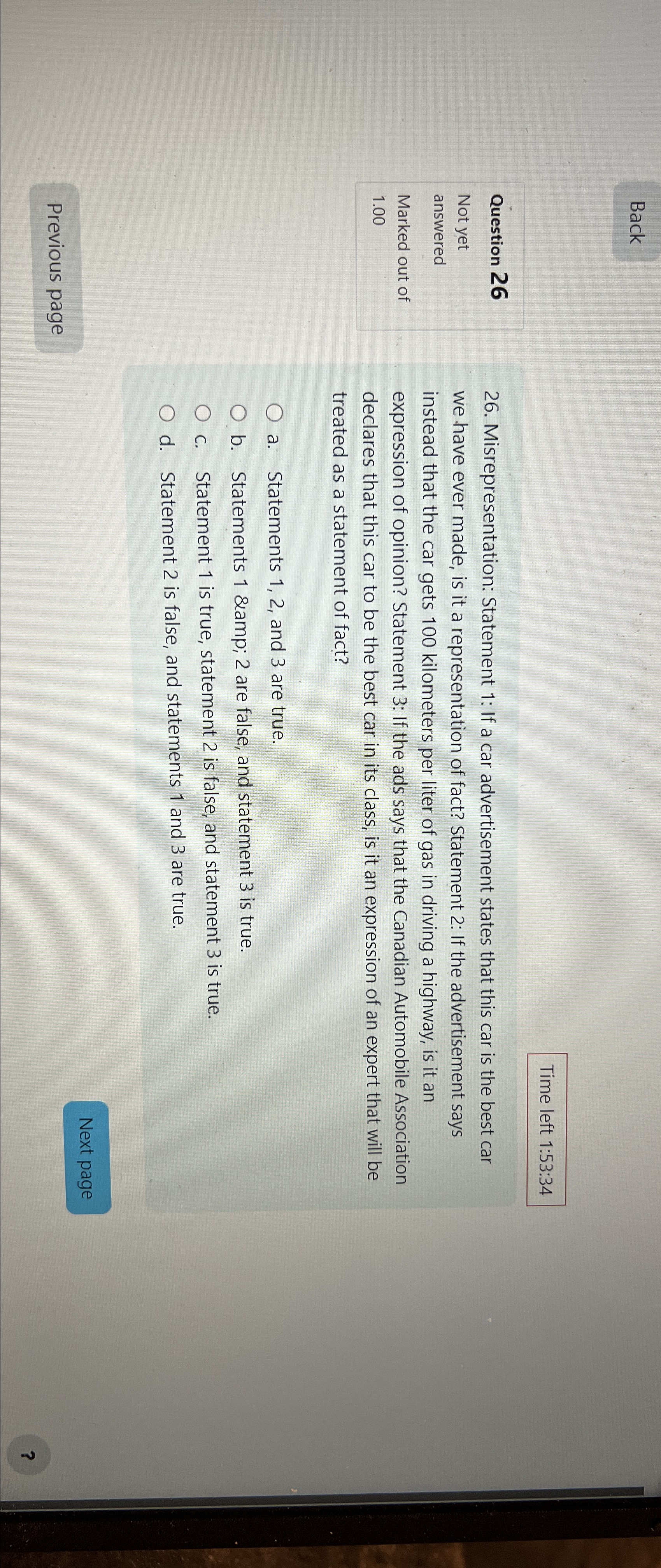  Back Time left 1:53:34 Question 26 Not yet answered Marked out