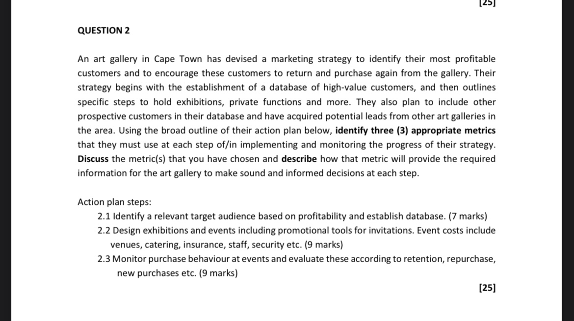  QUESTION 2 An art gallery in Cape Town has devised a