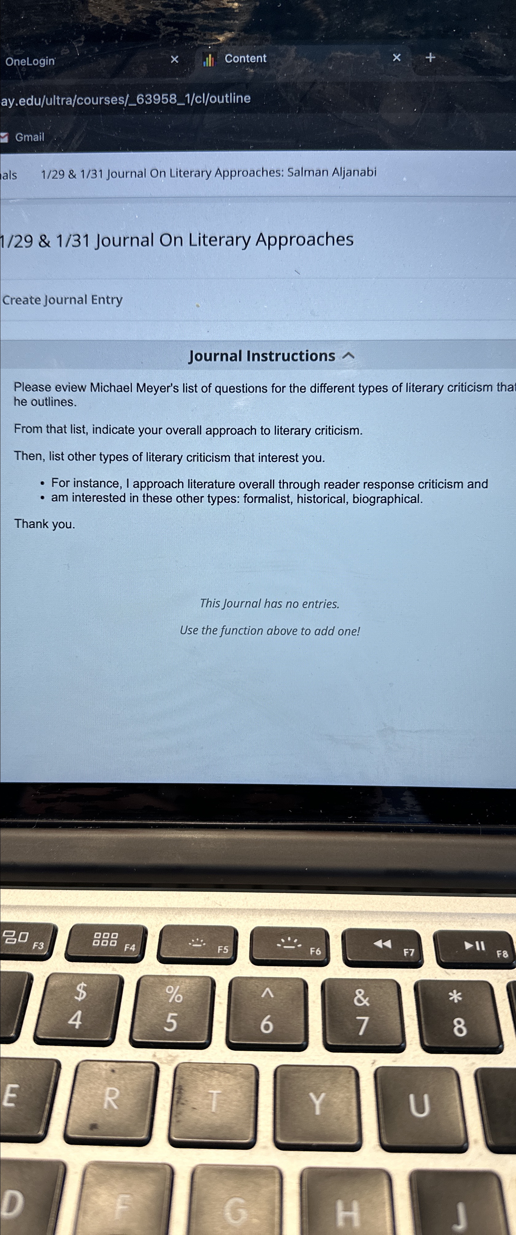  OneLogin Content ay.edu/ultra/courses/_63958_1/cl/outline Gmail 1/29 & 1/31 Journal On Literary Approaches: