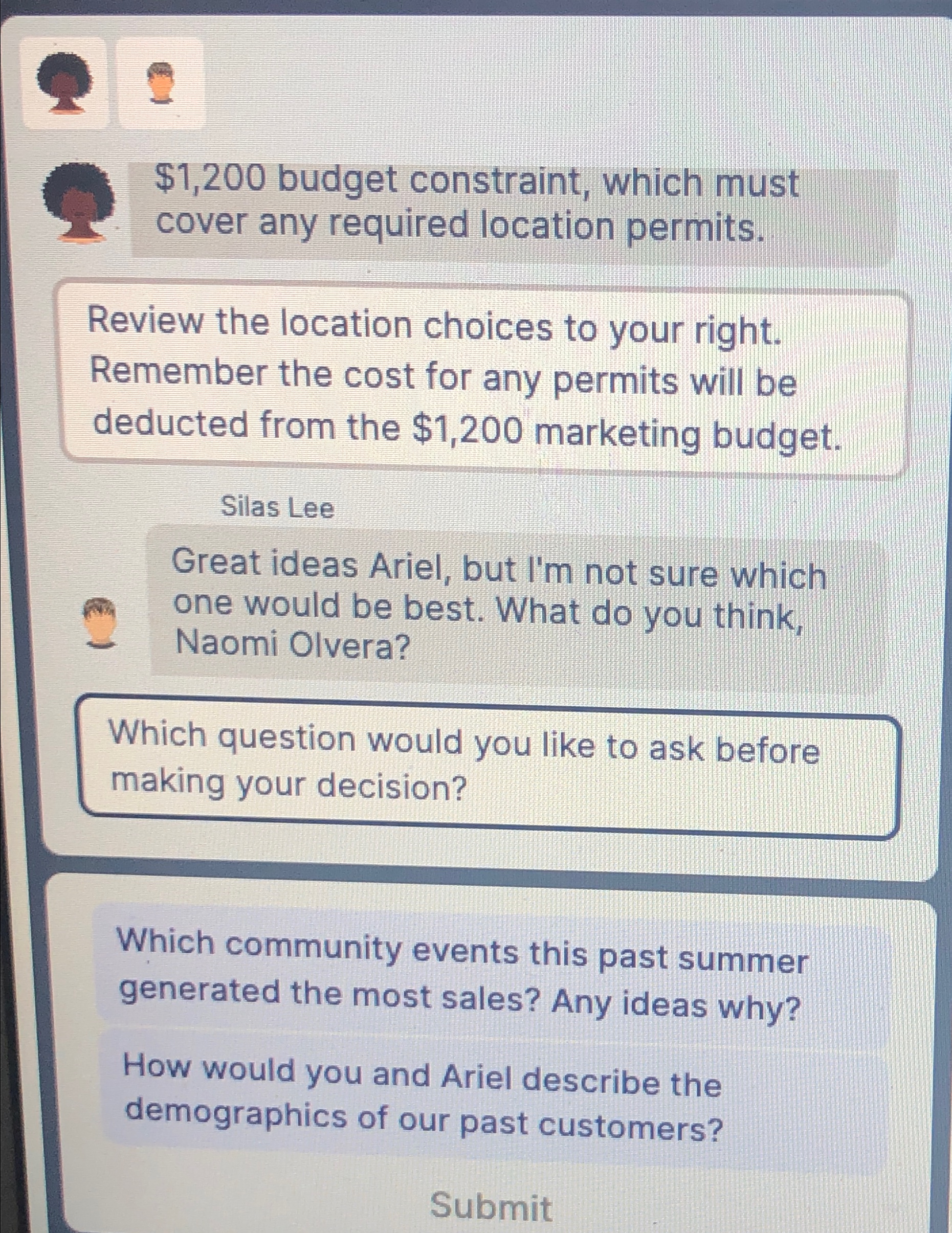  $1,200 budget constraint, which must cover any required location permits. Review