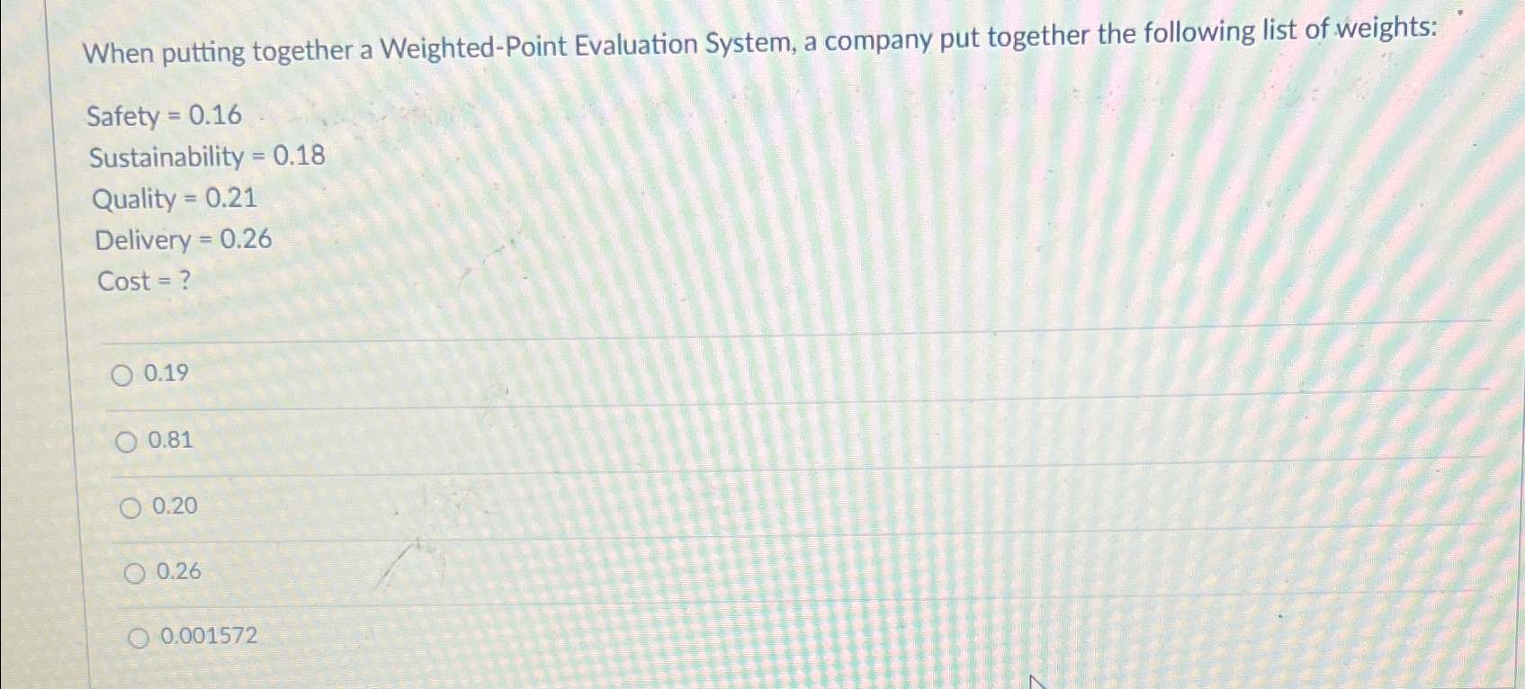  When putting together a Weighted-Point Evaluation System, a company put together