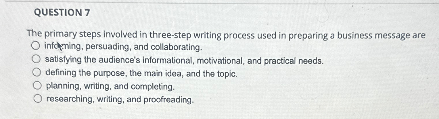 QUESTION 7 The primary steps involved in three-step writing process used
