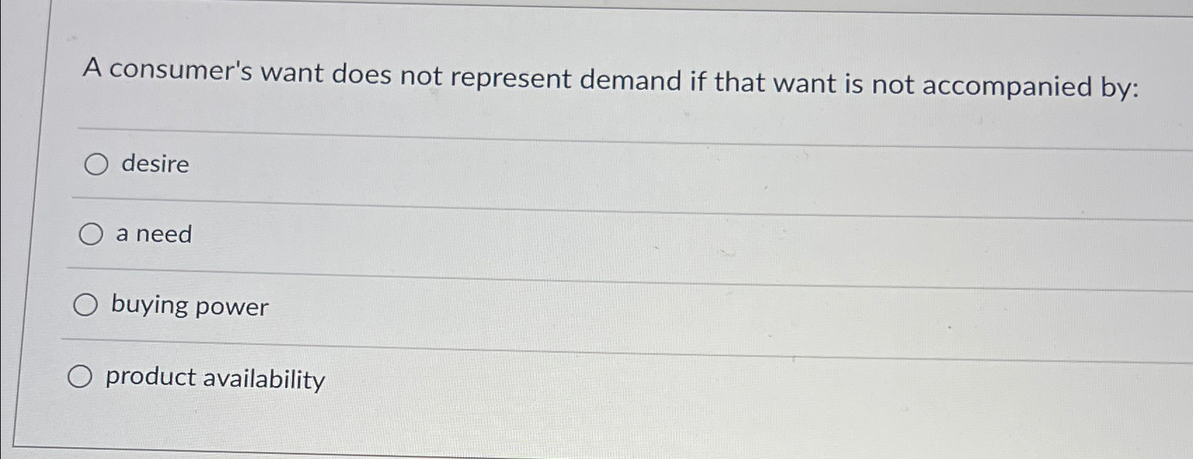  A consumer's want does not represent demand if that want is
