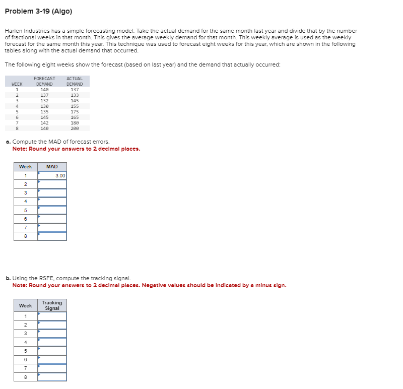  Problem 3-19(Algo) Harlen Industries has a simple forecasting model: Take the