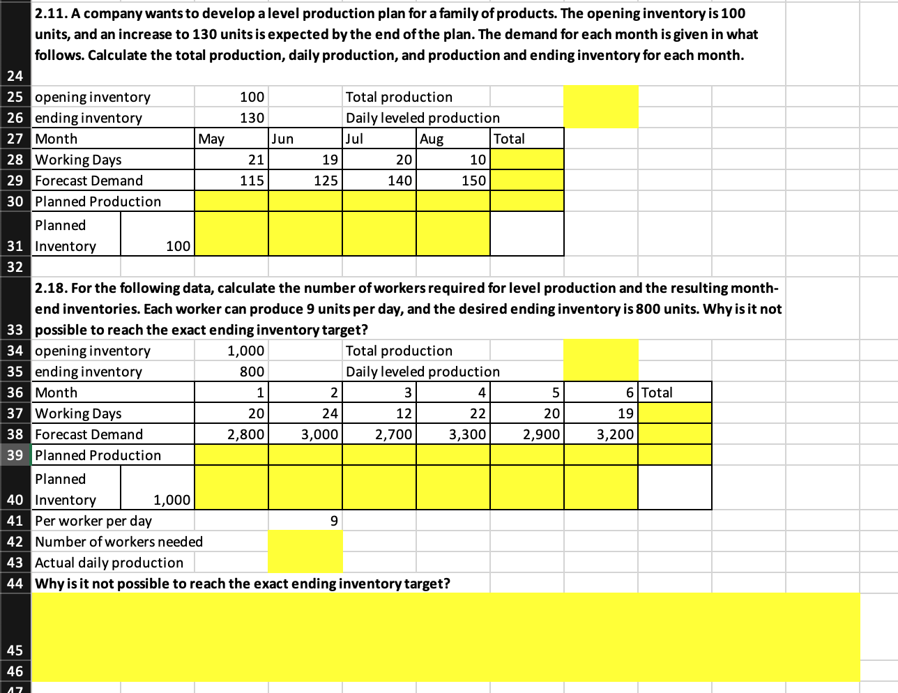  2.11. A company wants to develop a level production plan for