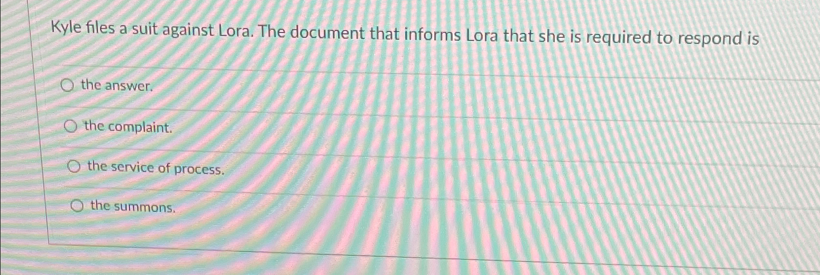  Kyle files a suit against Lora. The document that informs Lora