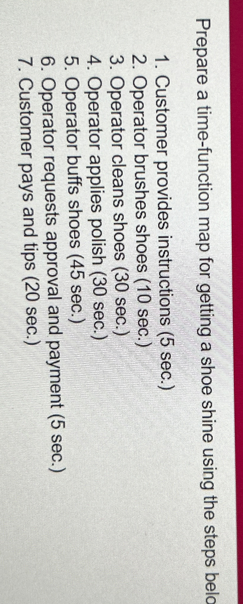  Prepare a time-function map for getting a shoe shine using the