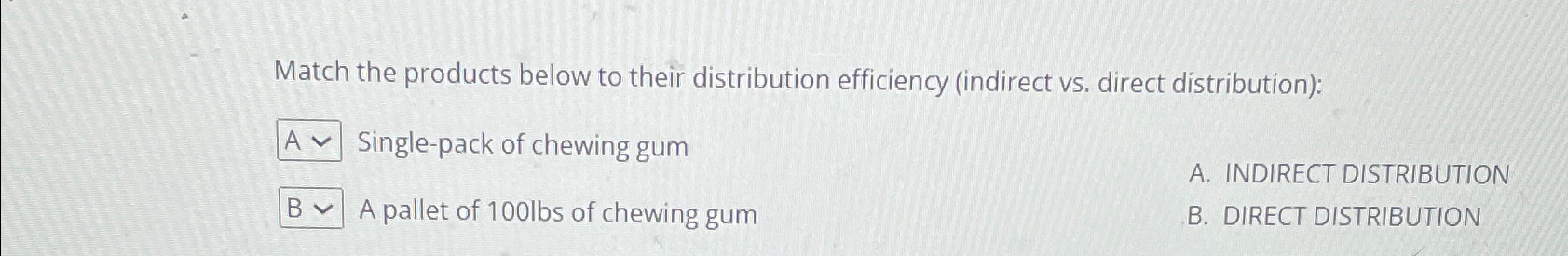  Match the products below to their distribution efficiency (indirect vs. direct