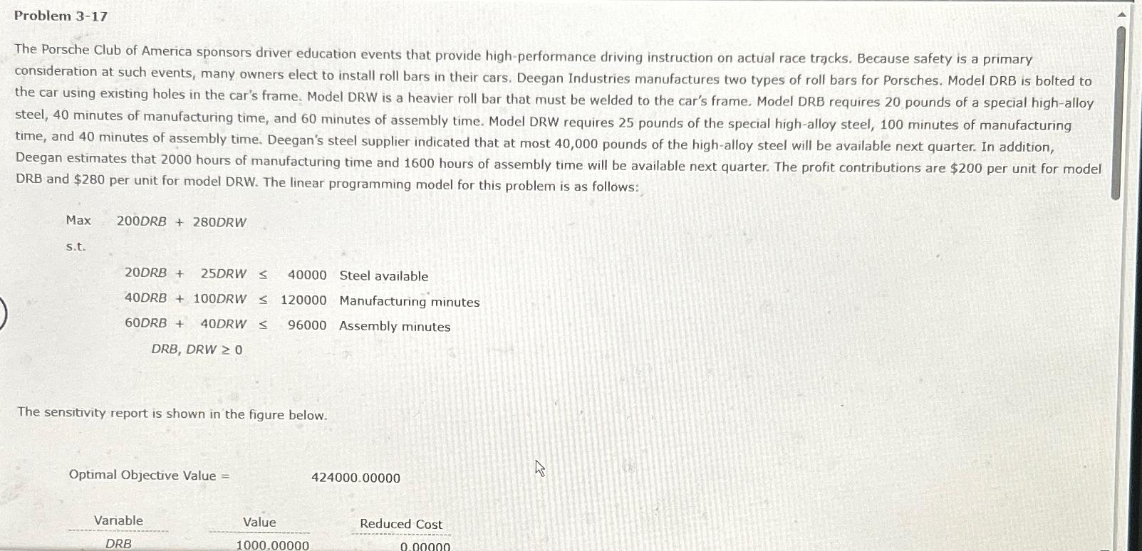  Problem 3-17 DRB and $280 per unit for model DRW. The