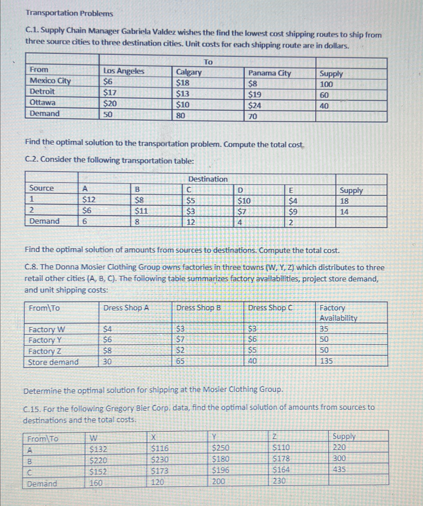  Transportation Problems C.1. Supply Chain Manager Gabriela Valdez wishes the find
