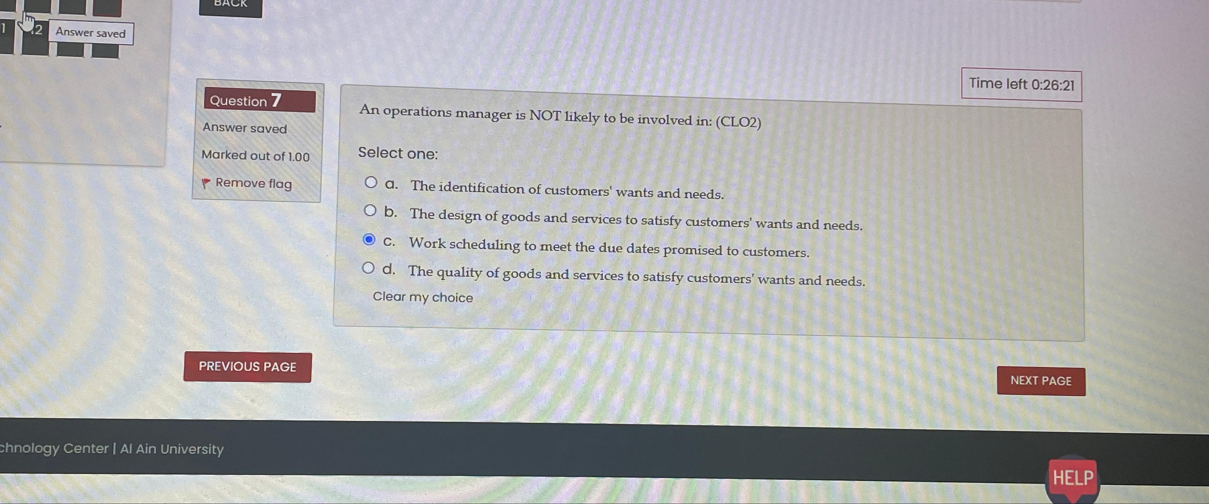  2 Answer saved Time left 0:26:21 Question 7 Answer saved Marked