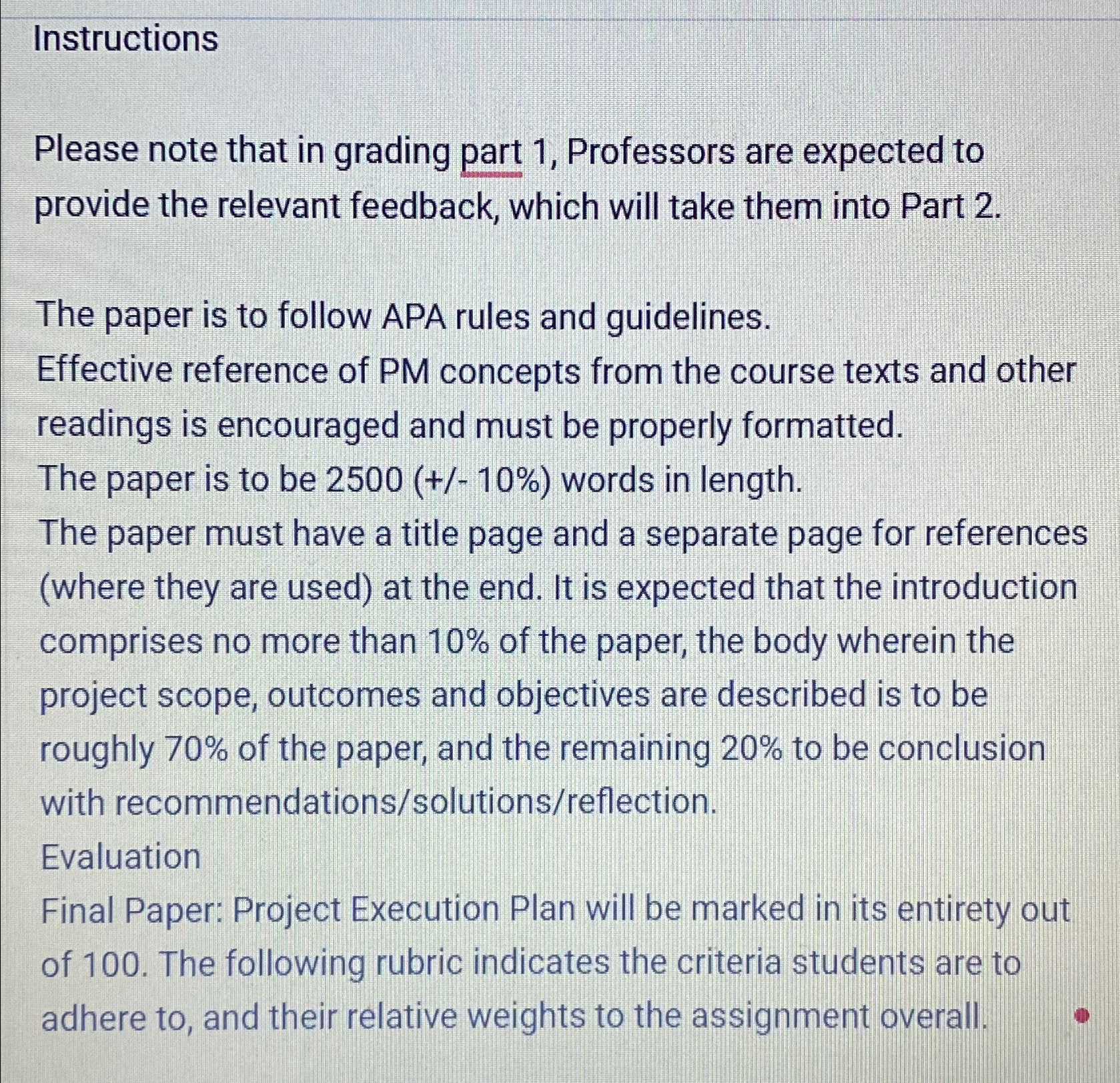  Instructions Please note that in grading part 1, Professors are expected