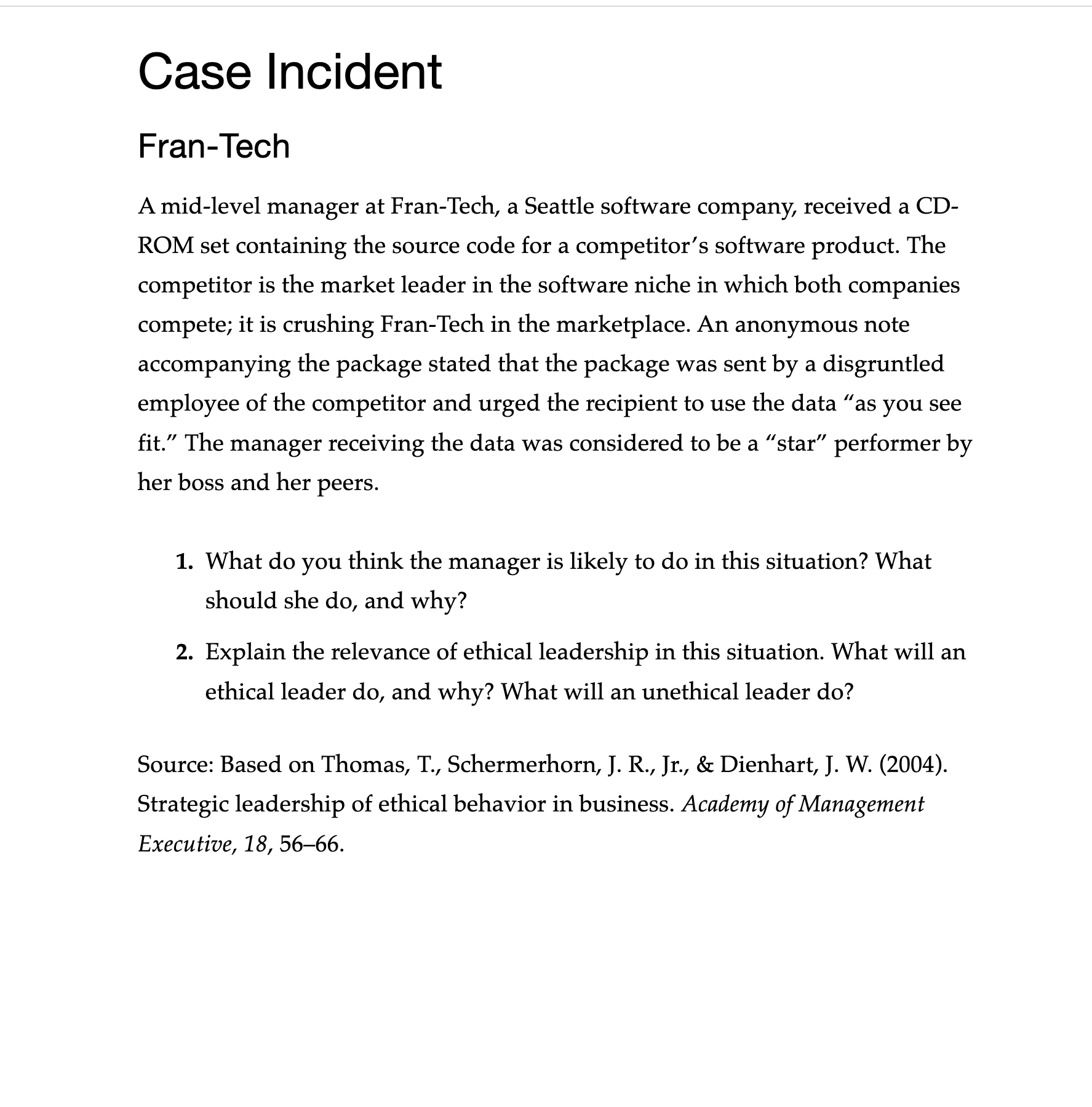  Case Incident Fran-Tech A mid-level manager at Fran-Tech, a Seattle software
