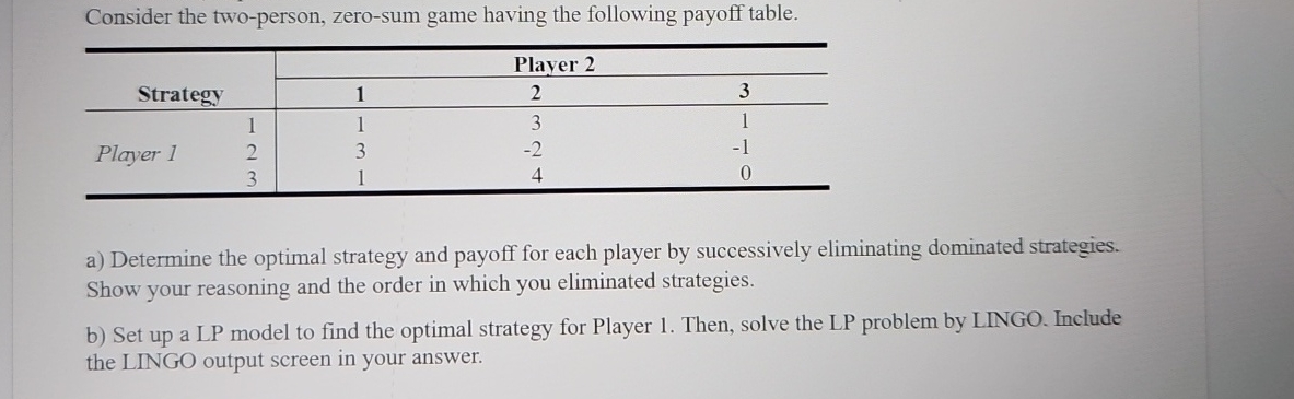  Consider the two-person, zero-sum game having the following payoff table. \table[[Strategy,Player