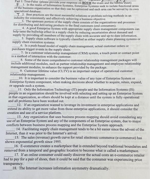  Part 1: True-False (please provide your response on BOTH the exam