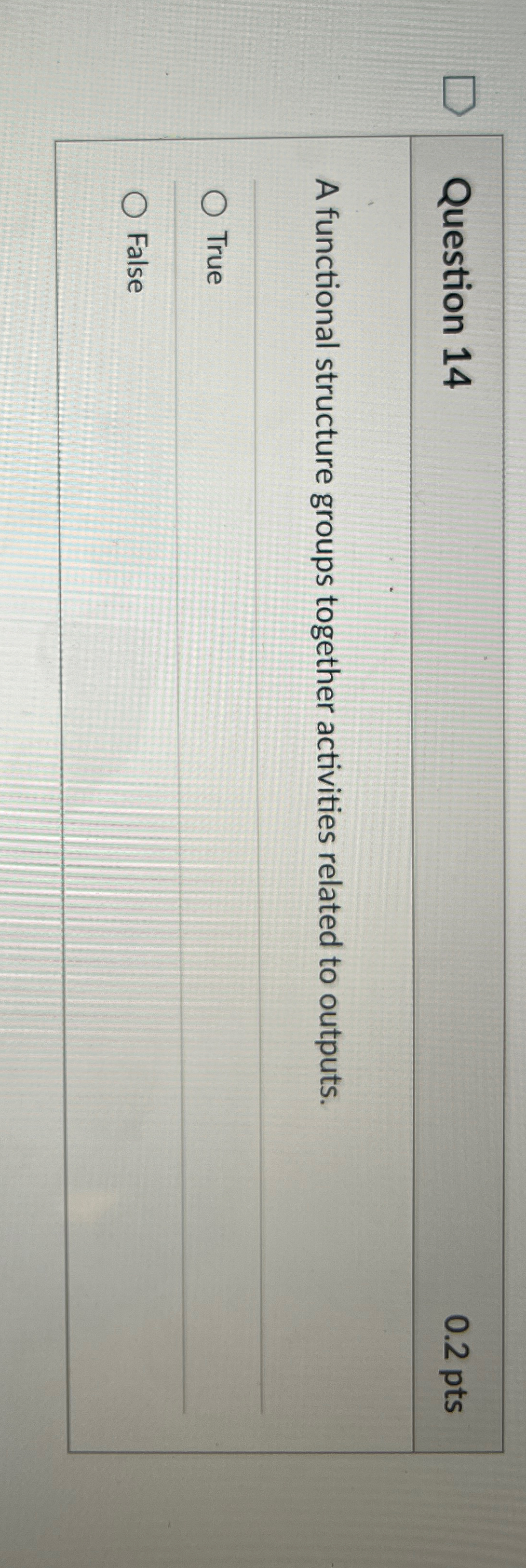  Question 14 0.2pts A functional structure groups together activities related to