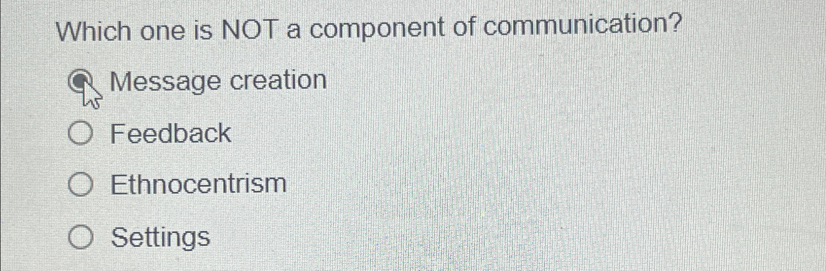  Which one is NOT a component of communication? Message creation Feedback