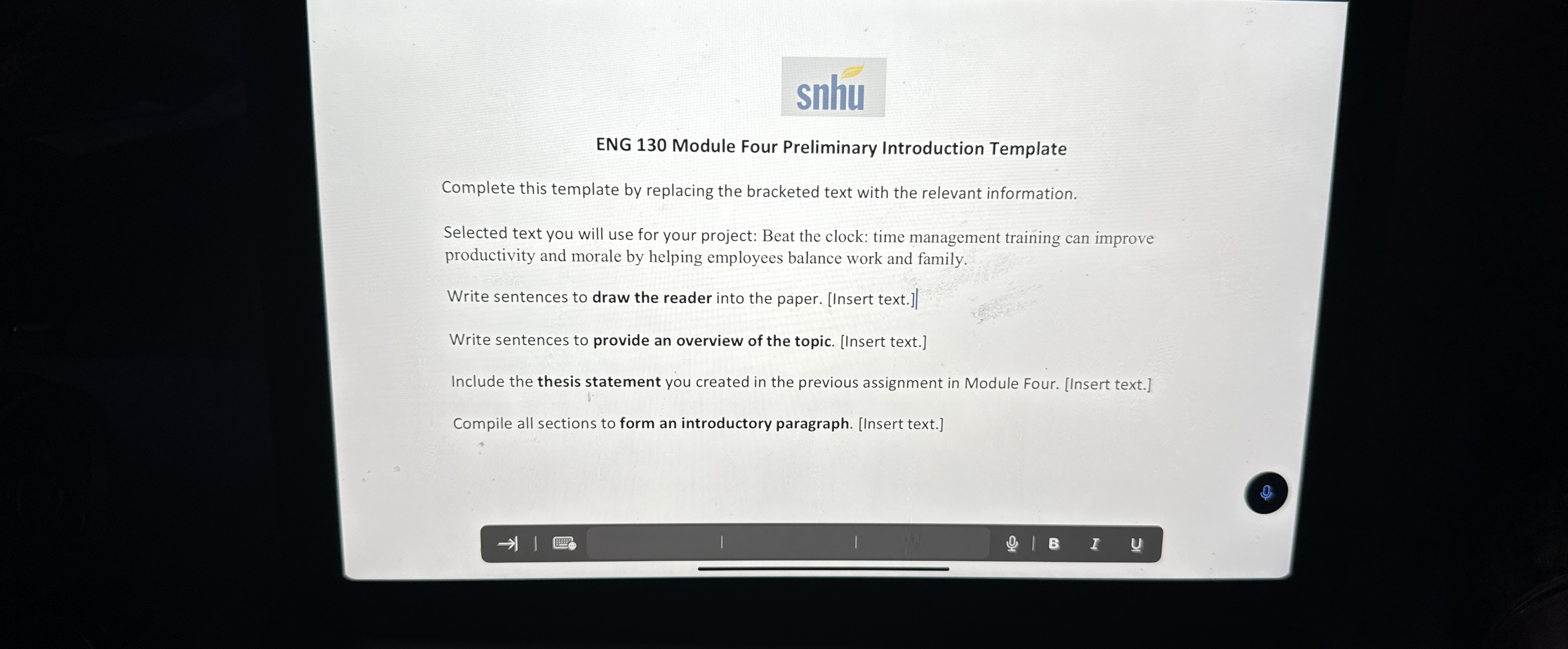  snhu ENG 130 Module Four Preliminary Introduction Template Complete this template