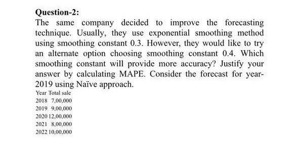  Question-2: The same company decided to improve the forecasting technique. Usually,