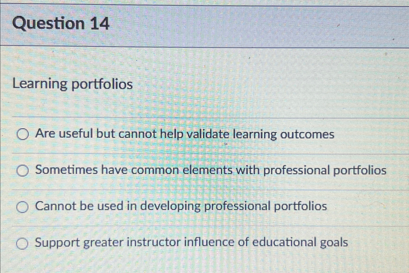  Question 14 Learning portfolios Are useful but cannot help validate learning