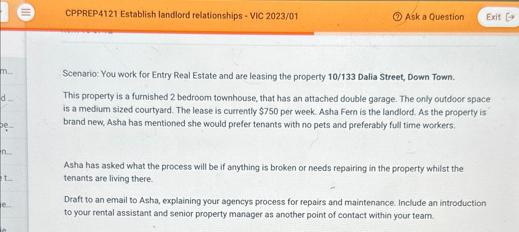  CPPREP4121 Establish landlord relationships - VIC 2023/01 (?) Ask a Question