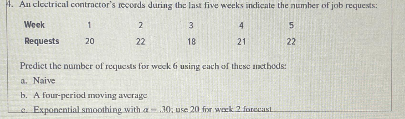  An electrical contractor's records during the last five weeks indicate the