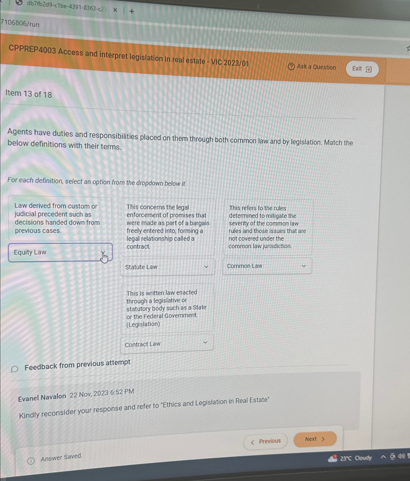  db7fb2d9-c1be-4391-8363-c21 7106806? run CPPREP4003 Access and interpret legislation in real estate
