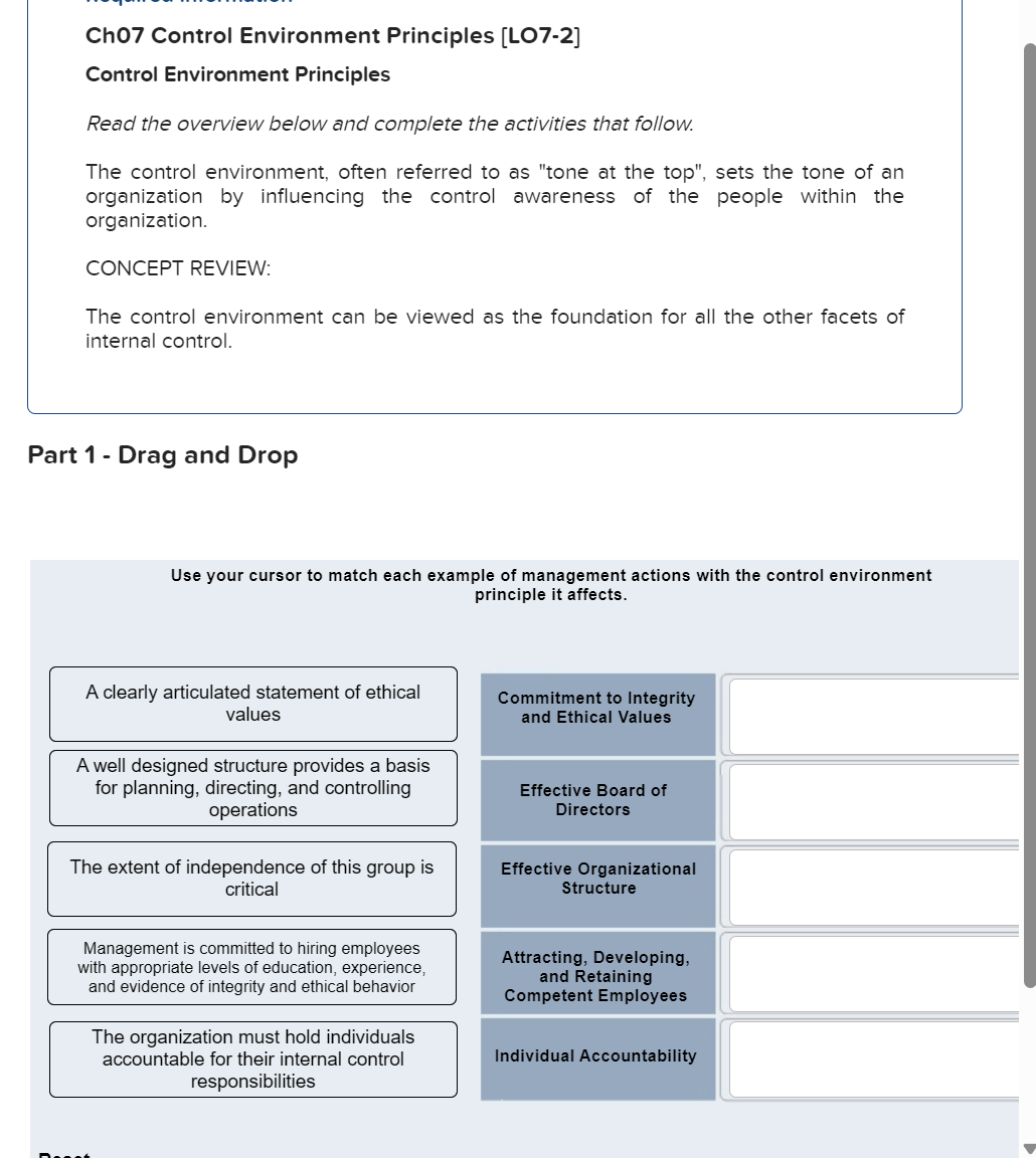  Ch07 Control Environment Principles [LO7-2] Control Environment Principles Read the overview