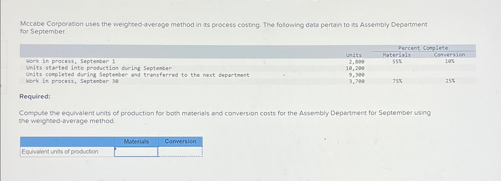  Mccabe Corporation uses the weighted-average method in its process costing. The
