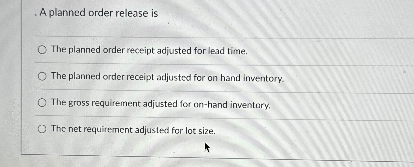  A planned order release is The planned order receipt adjusted for