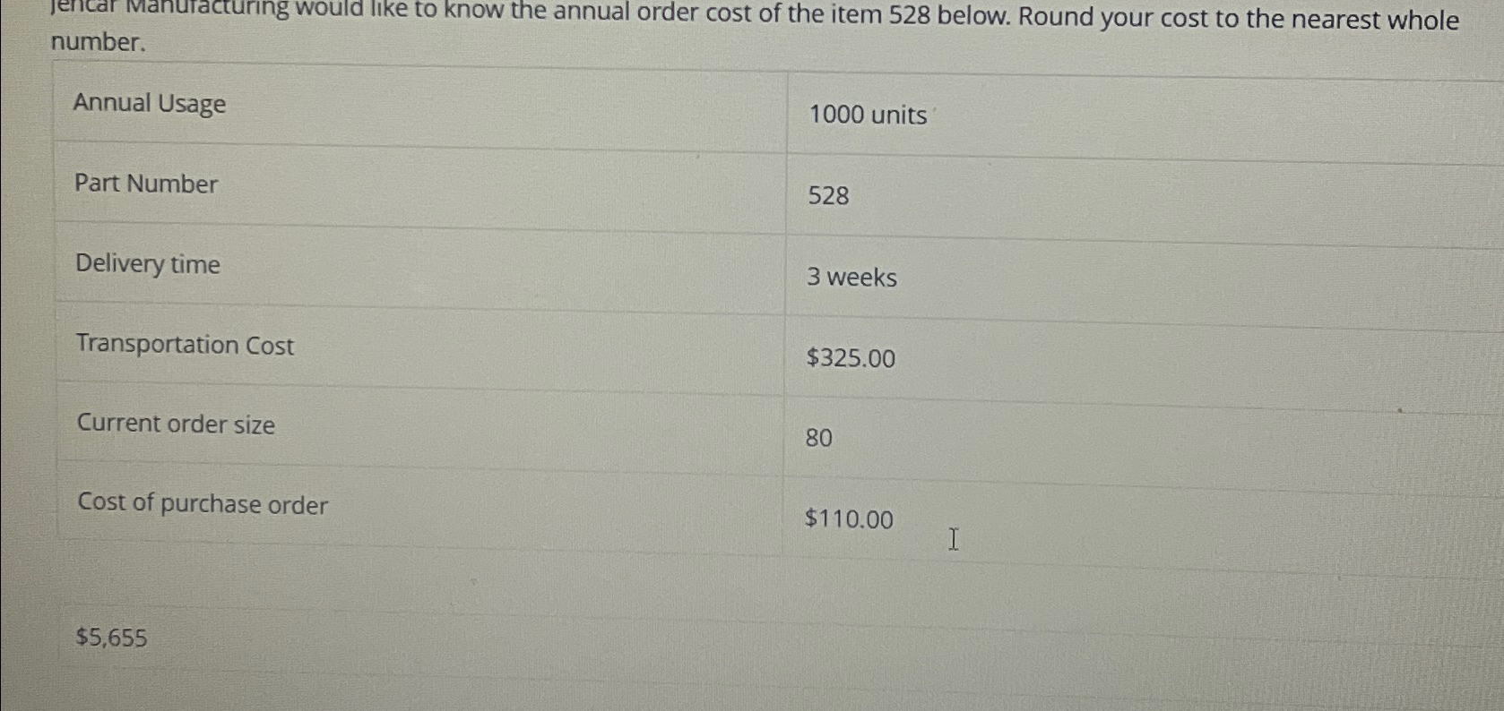  number. \table[[Annual Usage,1000 units],[Part Number,528],[Delivery time,3 weeks],[Transportation Cost,$325.00 