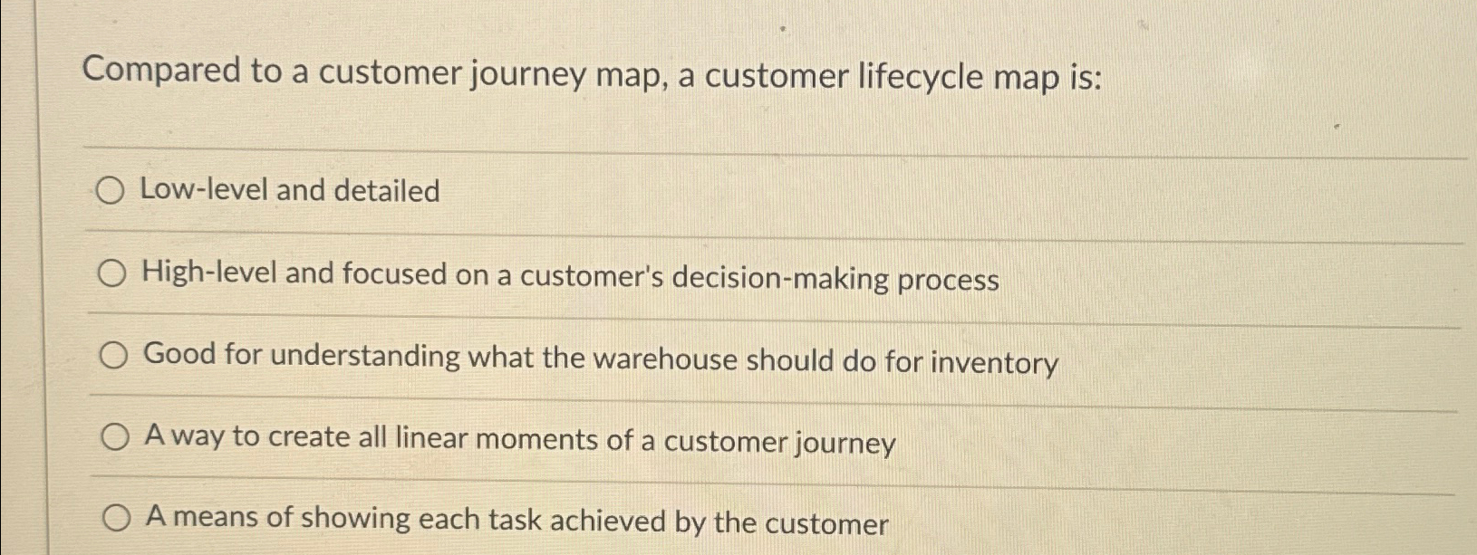  Compared to a customer journey map, a customer lifecycle map is: