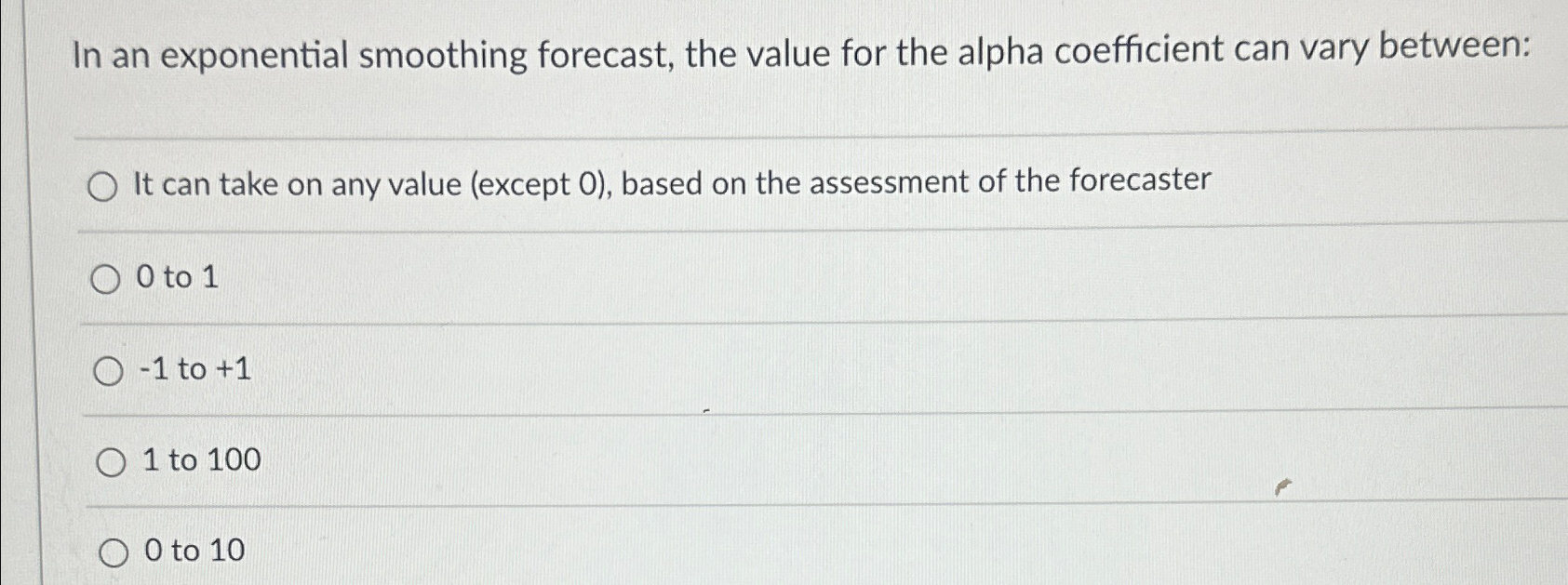  In an exponential smoothing forecast, the value for the alpha coefficient