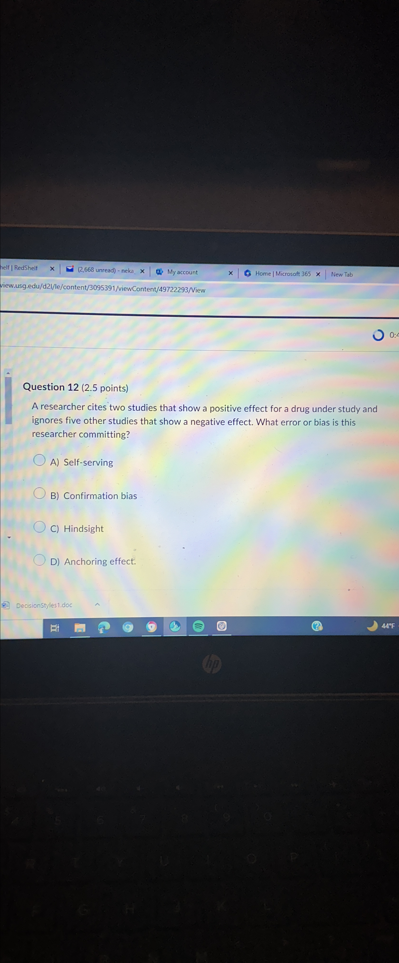  Question 12(2.5 points) A researcher cites two studies that show a