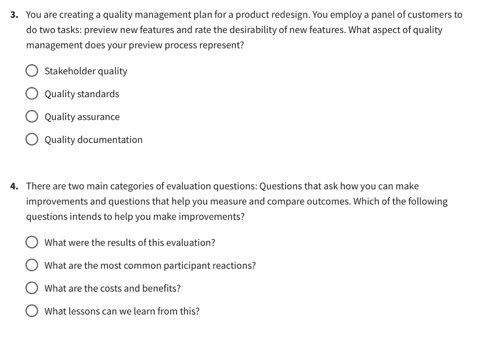 3. You are creating a quality management plan for a product