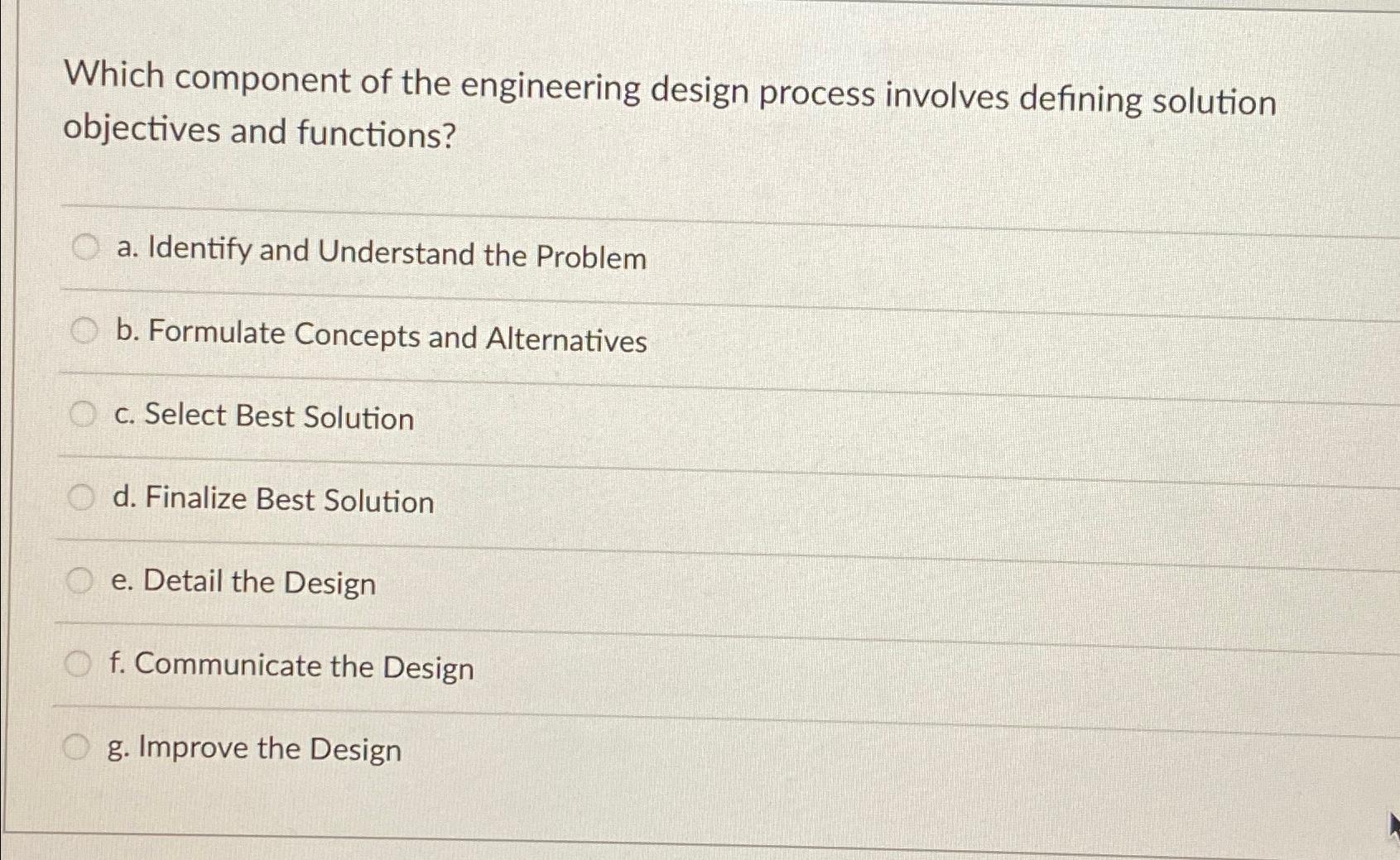  Which component of the engineering design process involves defining solution objectives