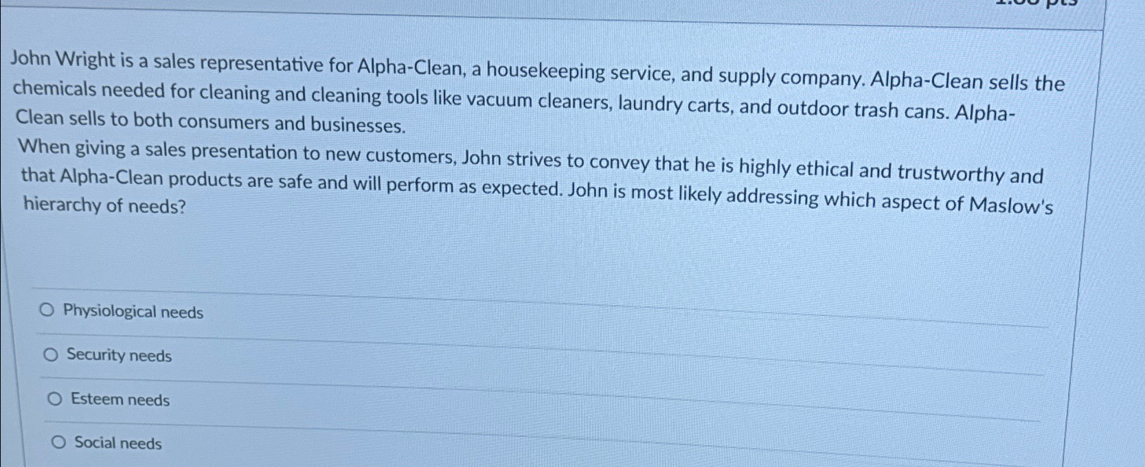  John Wright is a sales representative for Alpha-Clean, a housekeeping service,